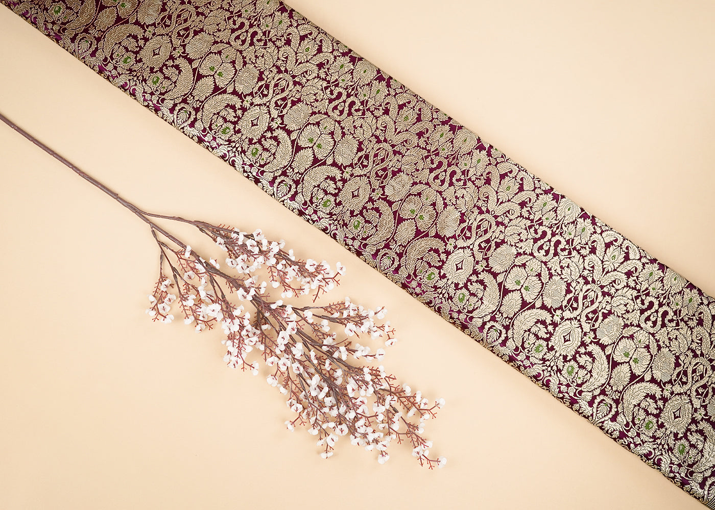 Wine Banarasi Brocade Fabric With All Over Golden Zari Handloom 22793