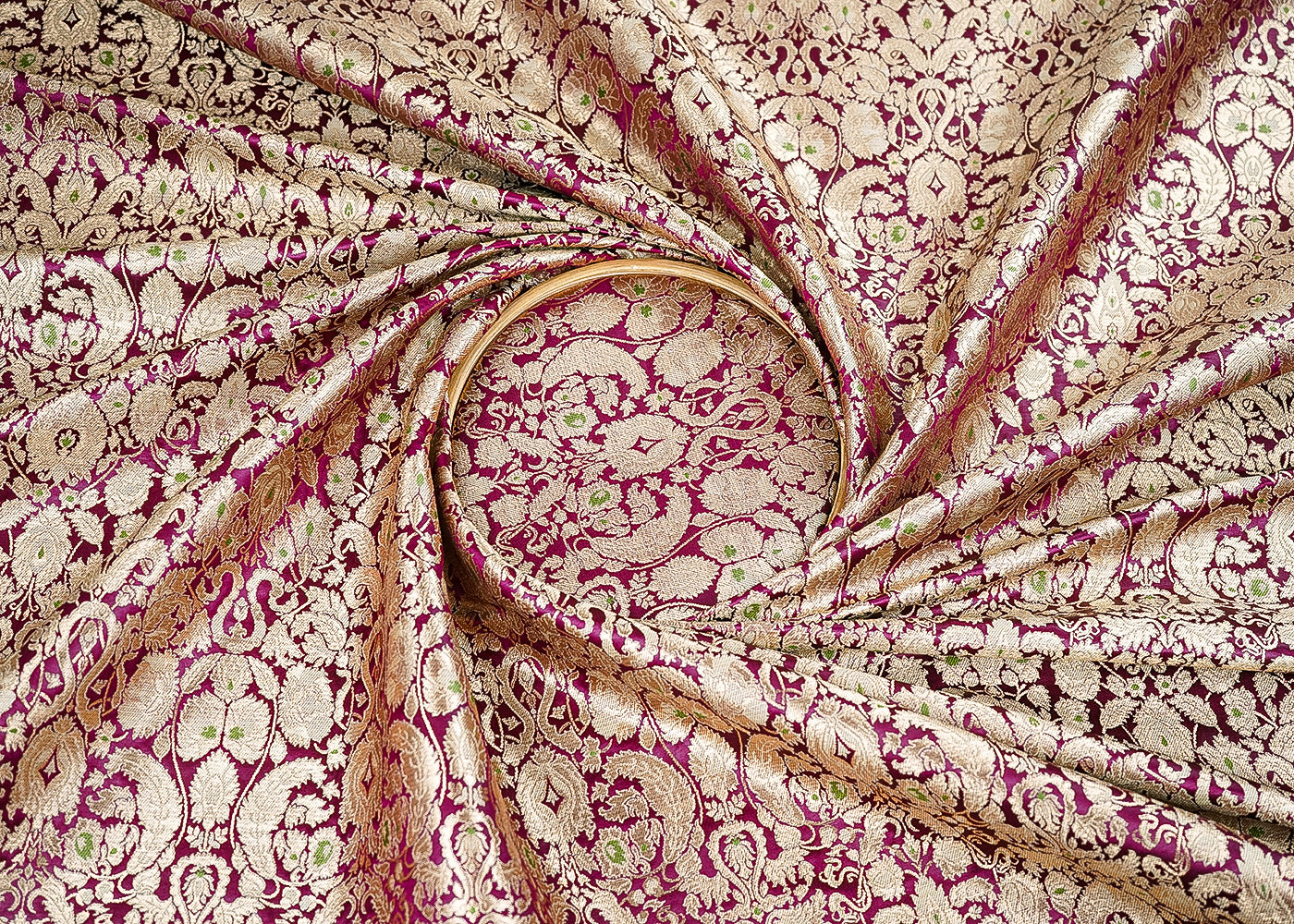 Wine Banarasi Brocade Fabric With All Over Golden Zari Handloom 22793