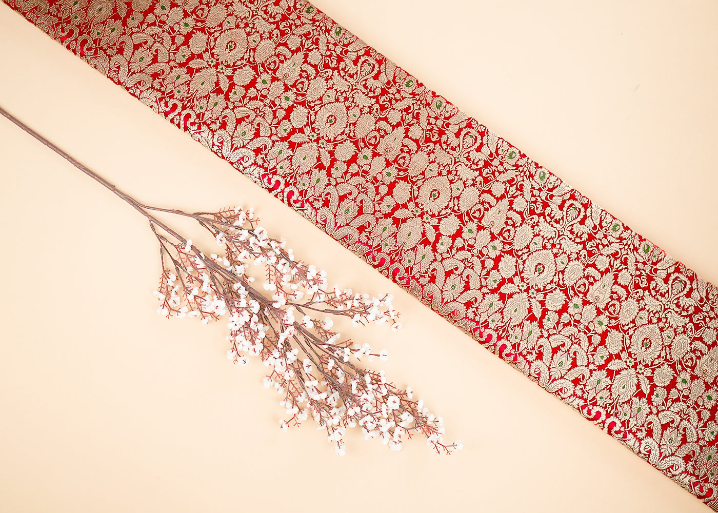 Red Banarasi Brocade Fabric With All Over Golden Zari Handloom 22794