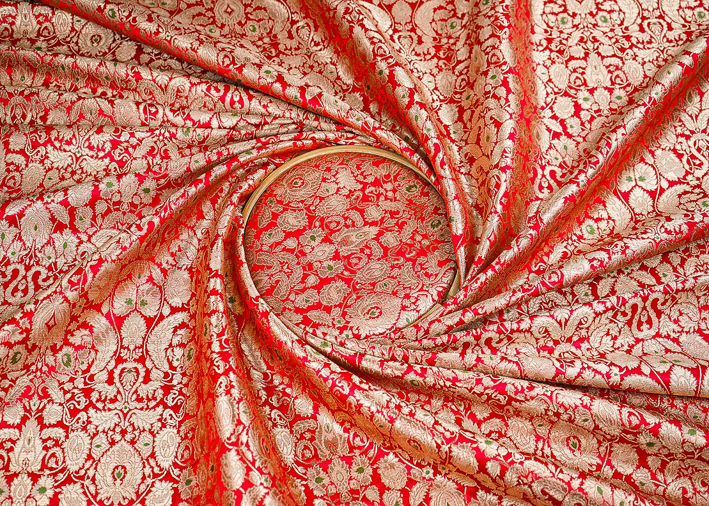 Red Banarasi Brocade Fabric With All Over Golden Zari Handloom 22794
