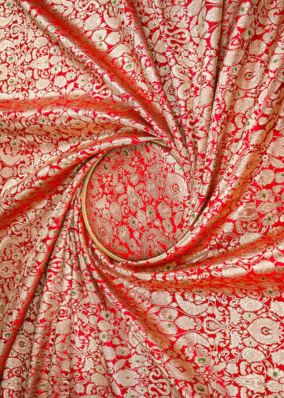Red Banarasi Brocade Fabric With All Over Golden Zari Handloom 22794
