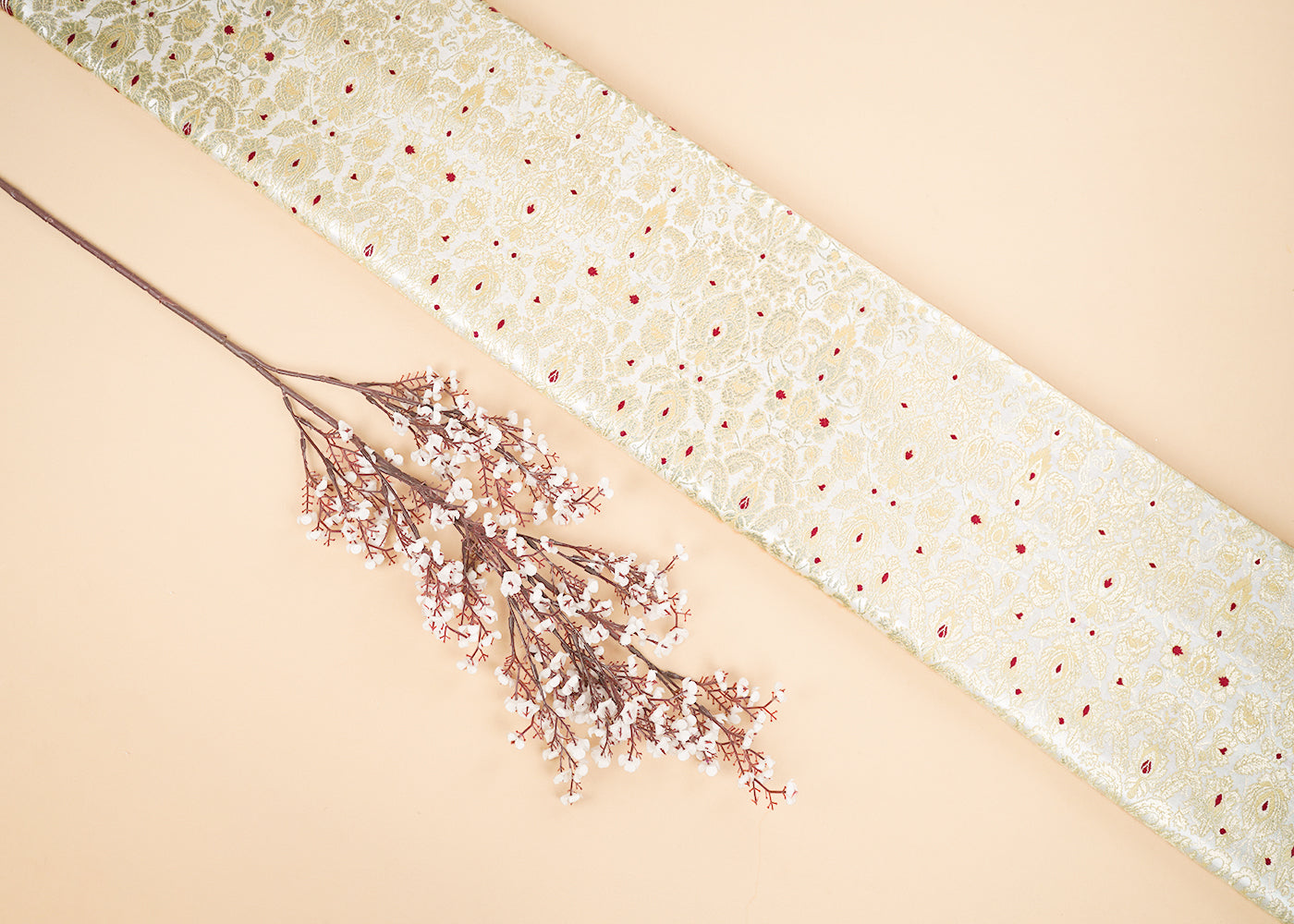 Off White Banarasi Brocade Fabric With All Over Golden Zari Handloom 22795