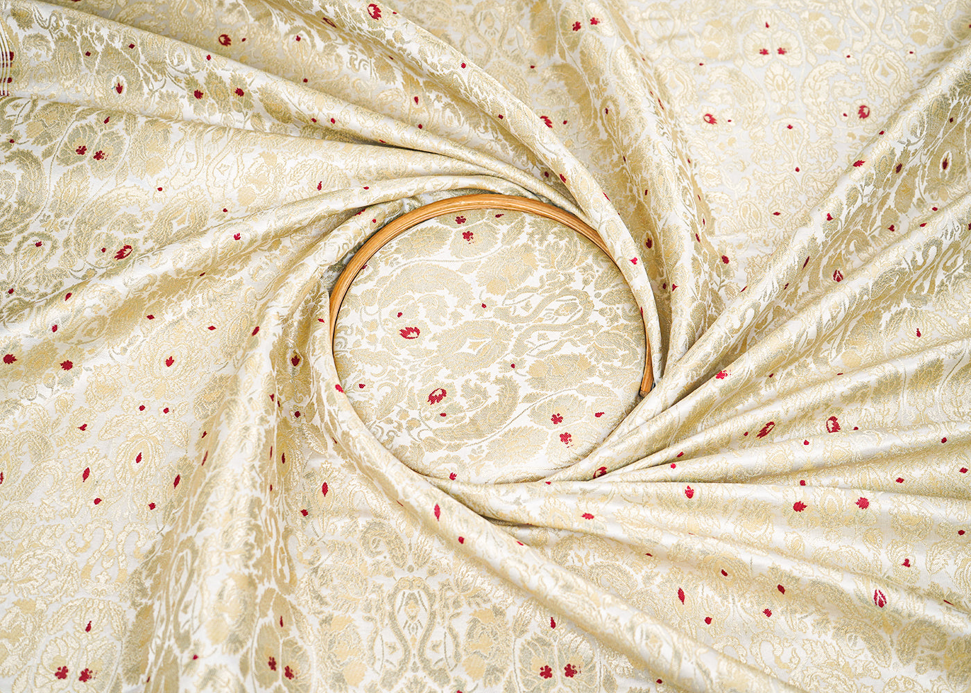 Off White Banarasi Brocade Fabric With All Over Golden Zari Handloom 22795