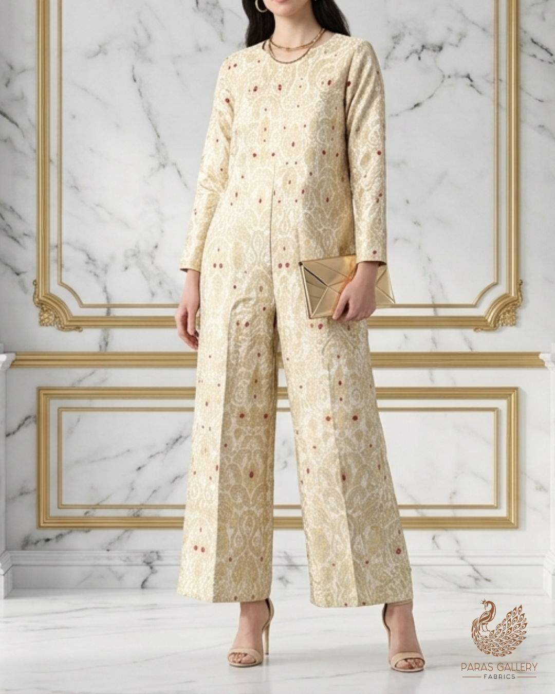 Off White Banarasi Brocade Fabric With All Over Golden Zari Handloom 22795