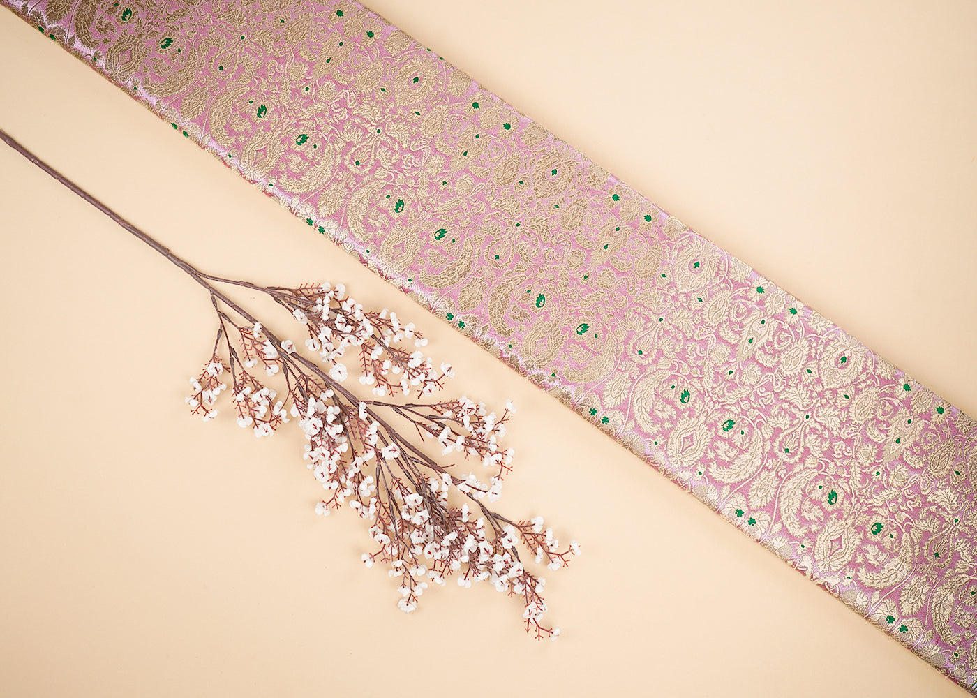 Peach Banarasi Brocade Fabric With All Over Golden Zari Handloom 22796