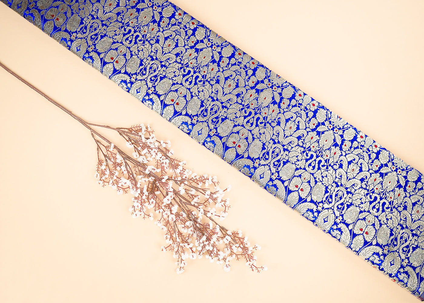 Royal Blue Banarasi Brocade Fabric With All Over Golden Zari Handloom 22797