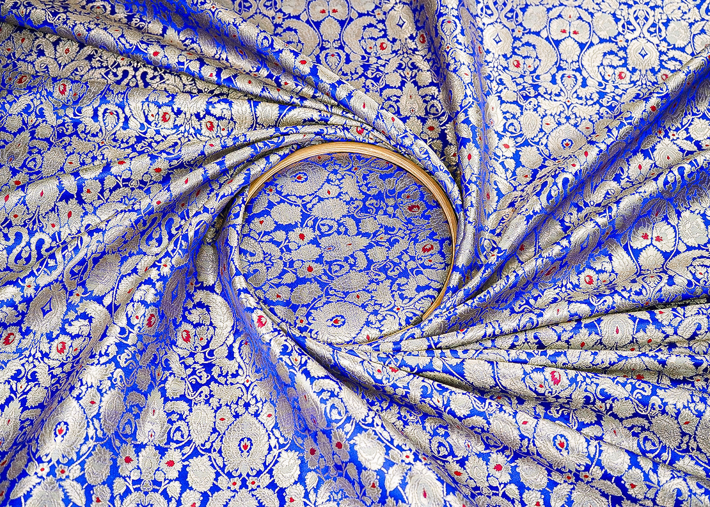 Royal Blue Banarasi Brocade Fabric With All Over Golden Zari Handloom 22797