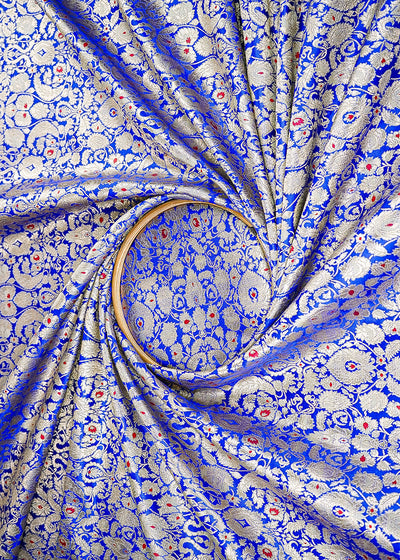 Royal Blue Banarasi Brocade Fabric With All Over Golden Zari Handloom 22797