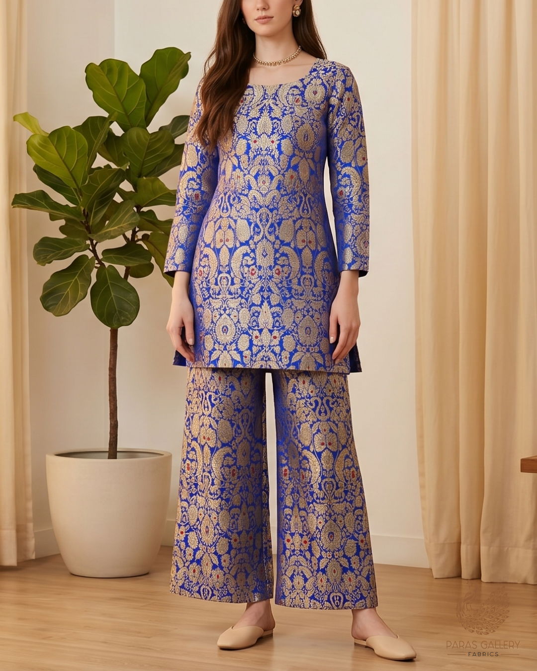 Royal Blue Banarasi Brocade Fabric With All Over Golden Zari Handloom 22797