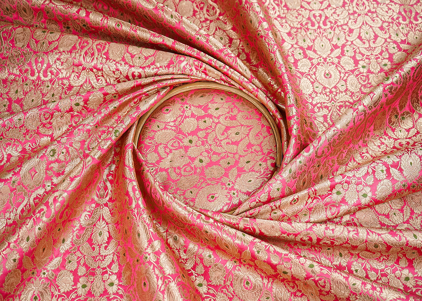 Gajri Red Banarasi Brocade Fabric With All Over Golden Zari Handloom 22798