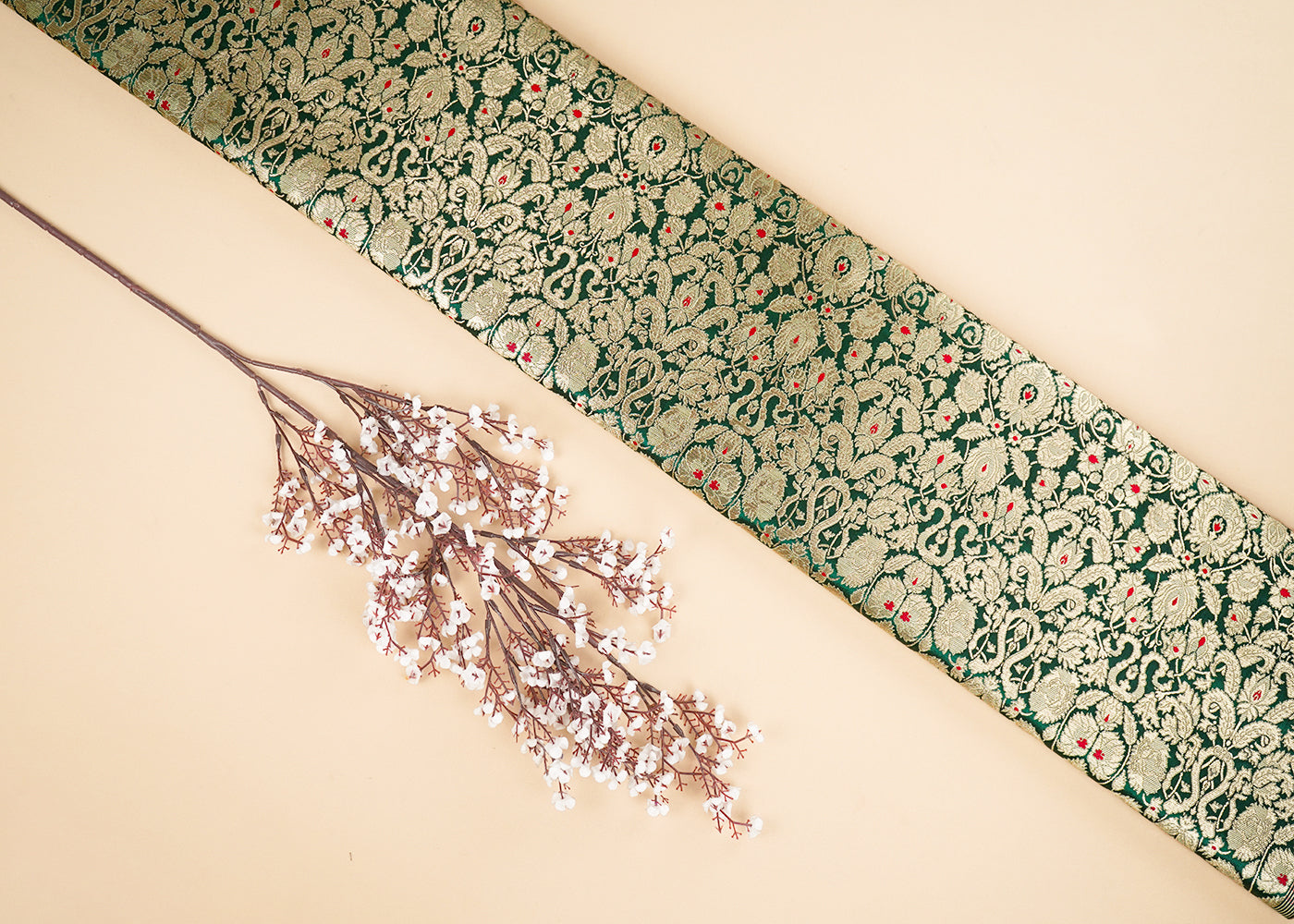 Bottle Green Banarasi Brocade Fabric With All Over Golden Zari Handloom 22799