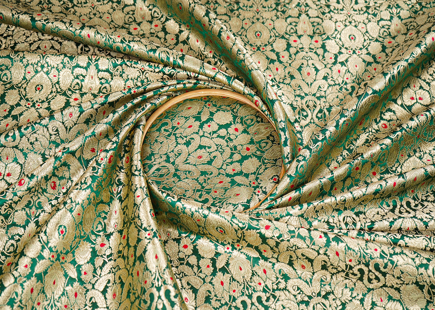 Bottle Green Banarasi Brocade Fabric With All Over Golden Zari Handloom 22799