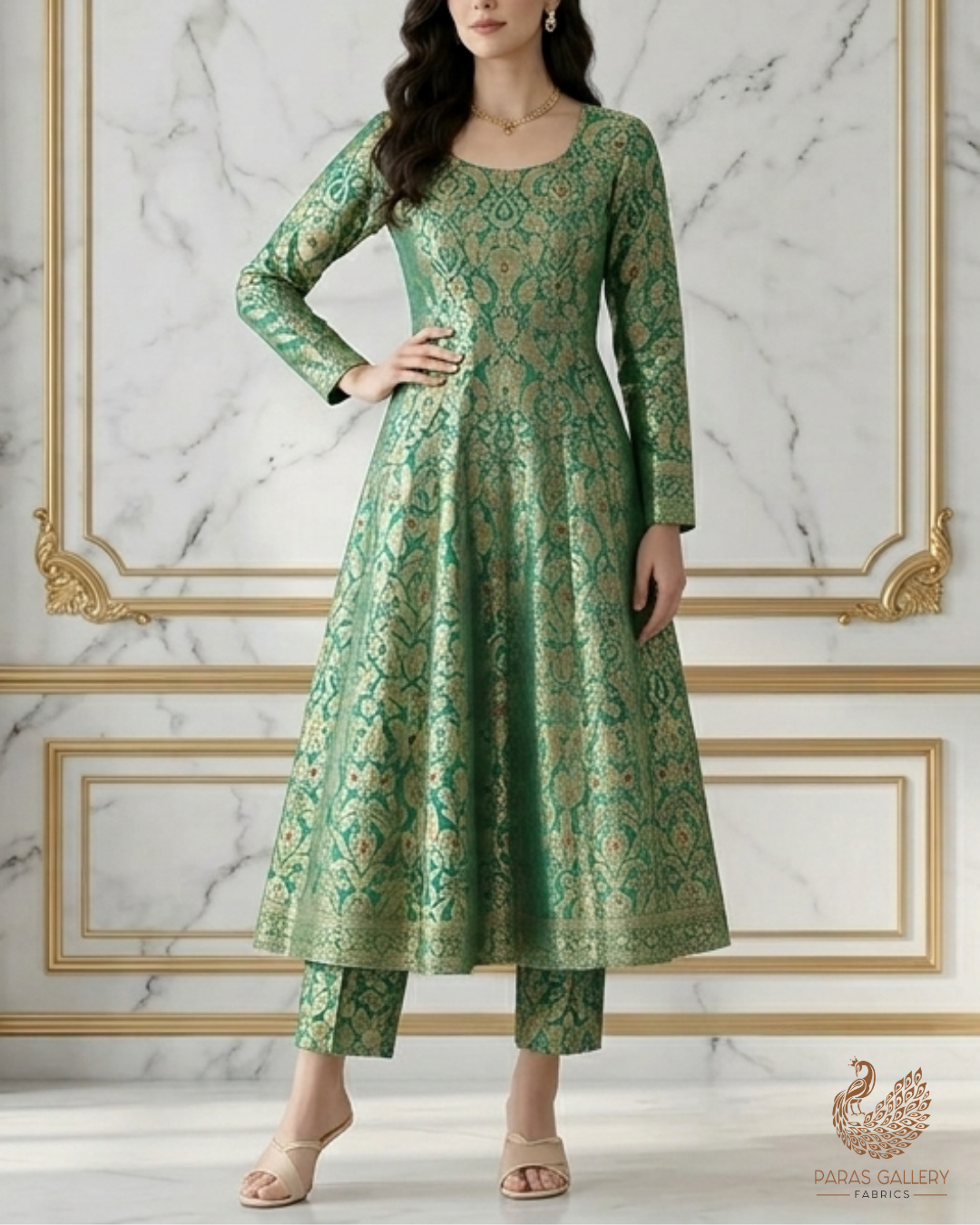 Bottle Green Banarasi Brocade Fabric With All Over Golden Zari Handloom 22799