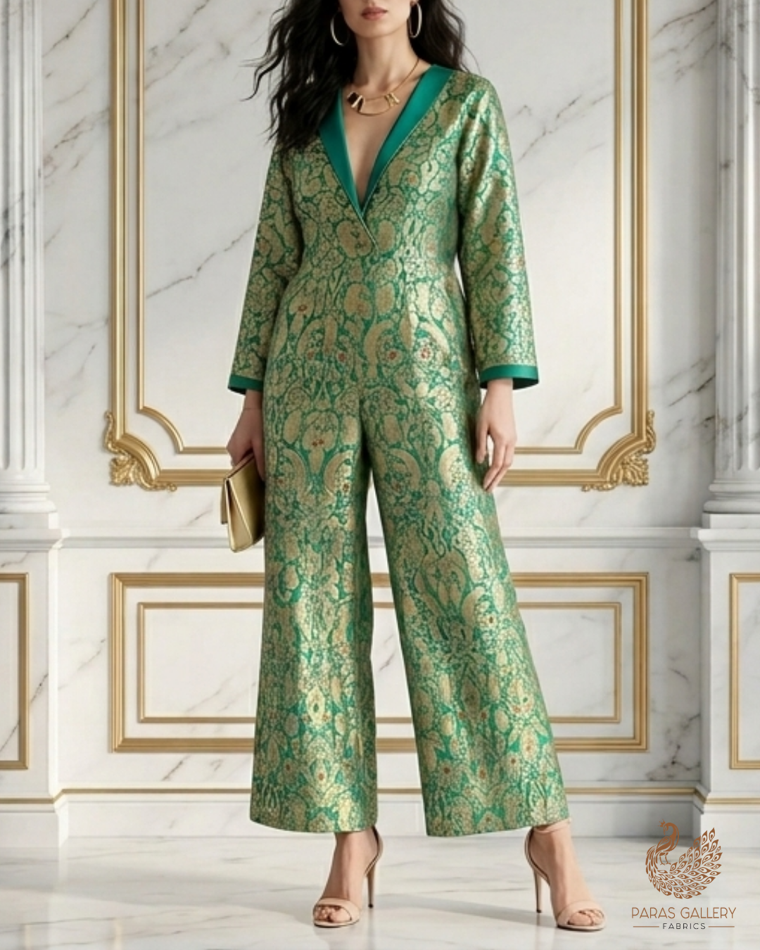 Bottle Green Banarasi Brocade Fabric With All Over Golden Zari Handloom 22799