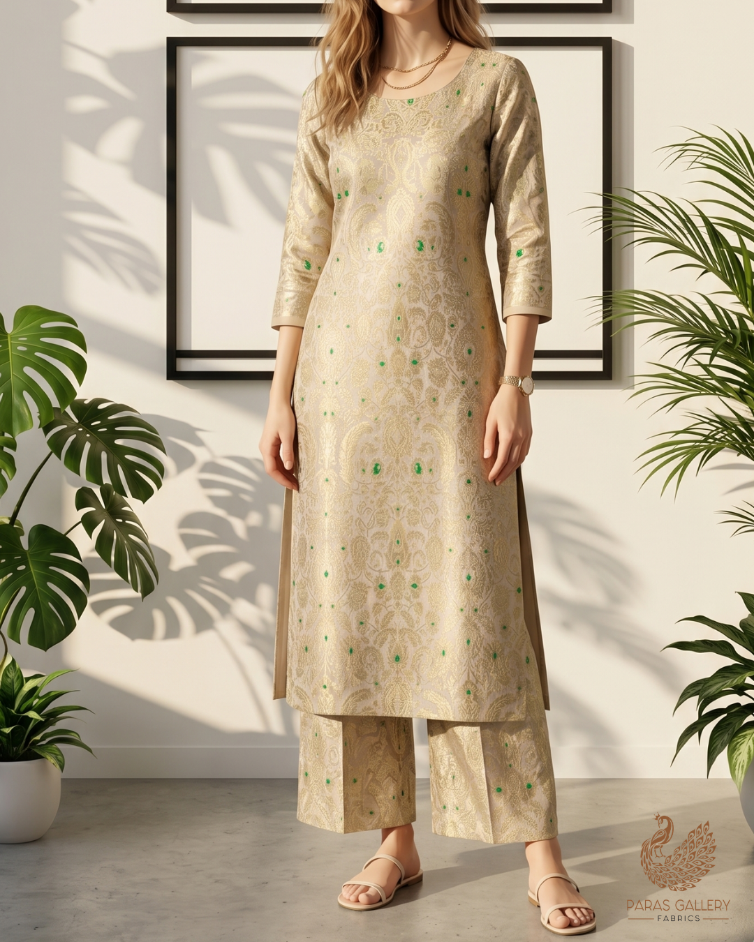 Beige Banarasi Brocade Fabric With All Over Golden Zari Handloom 22800
