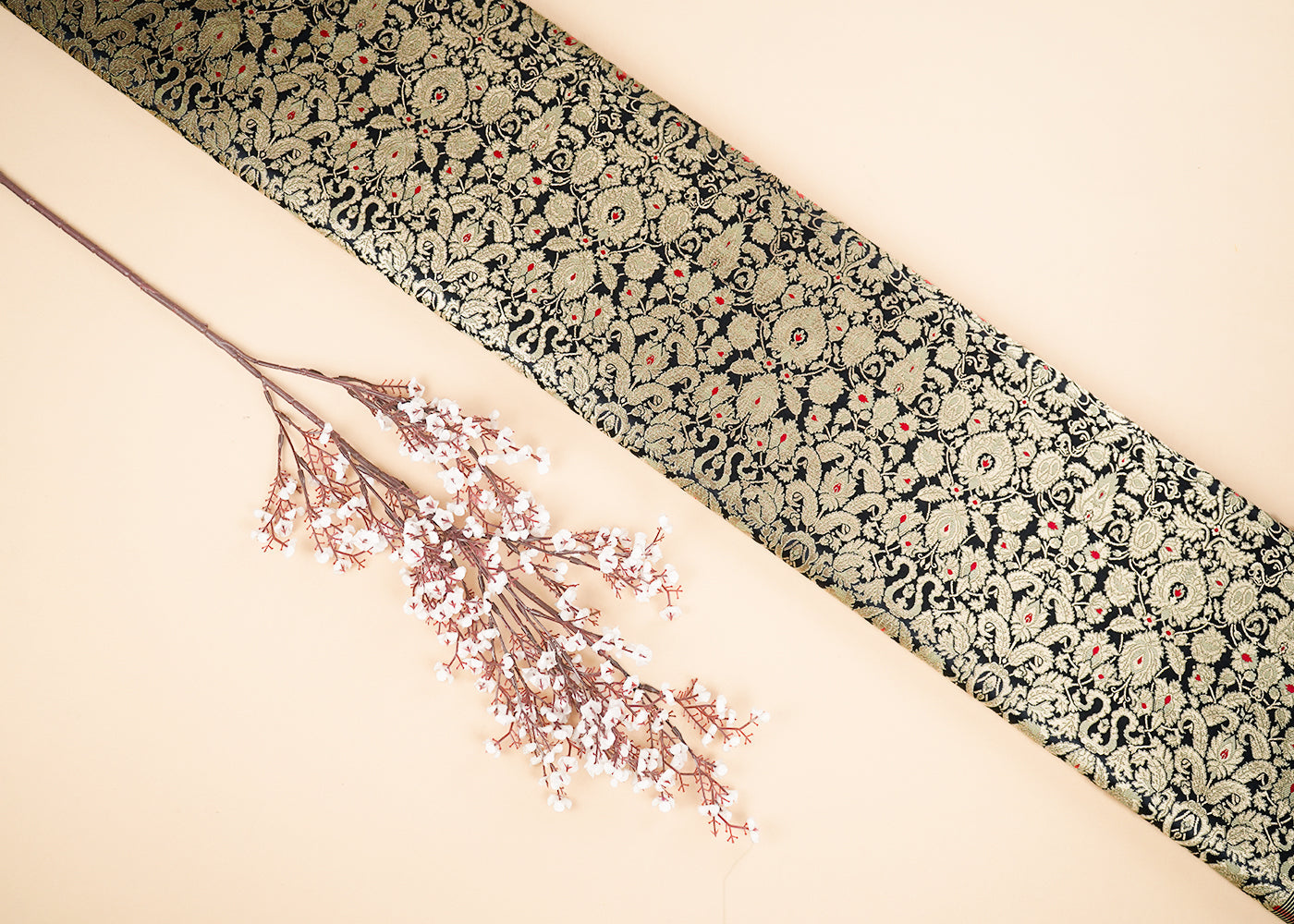 Black Banarasi Brocade Fabric With All Over Golden Zari Handloom 22801