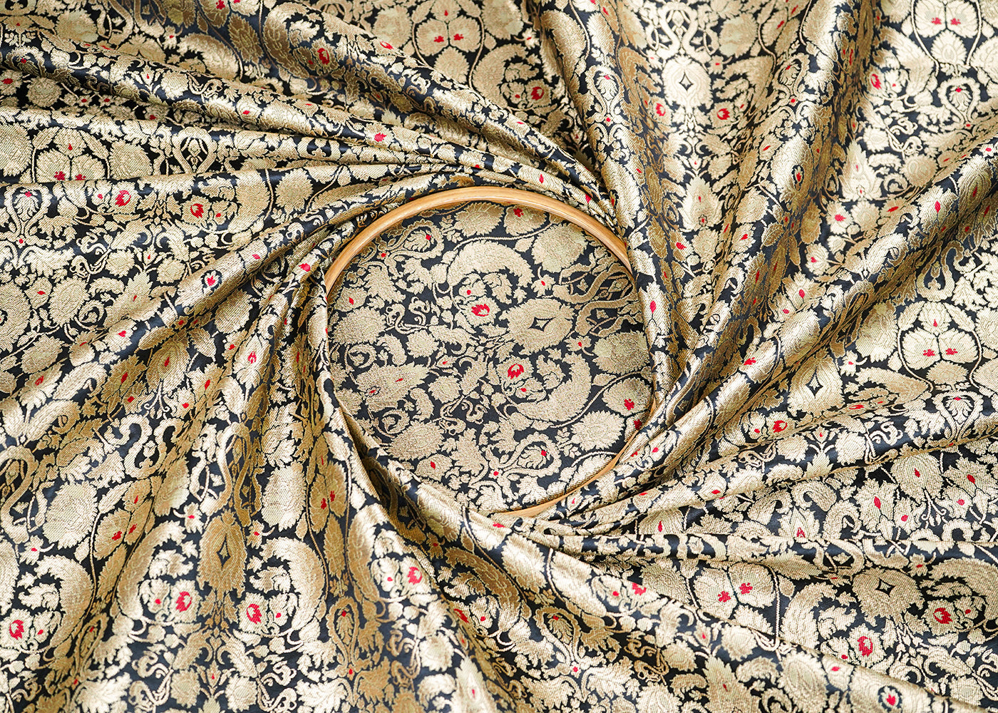 Black Banarasi Brocade Fabric With All Over Golden Zari Handloom 22801