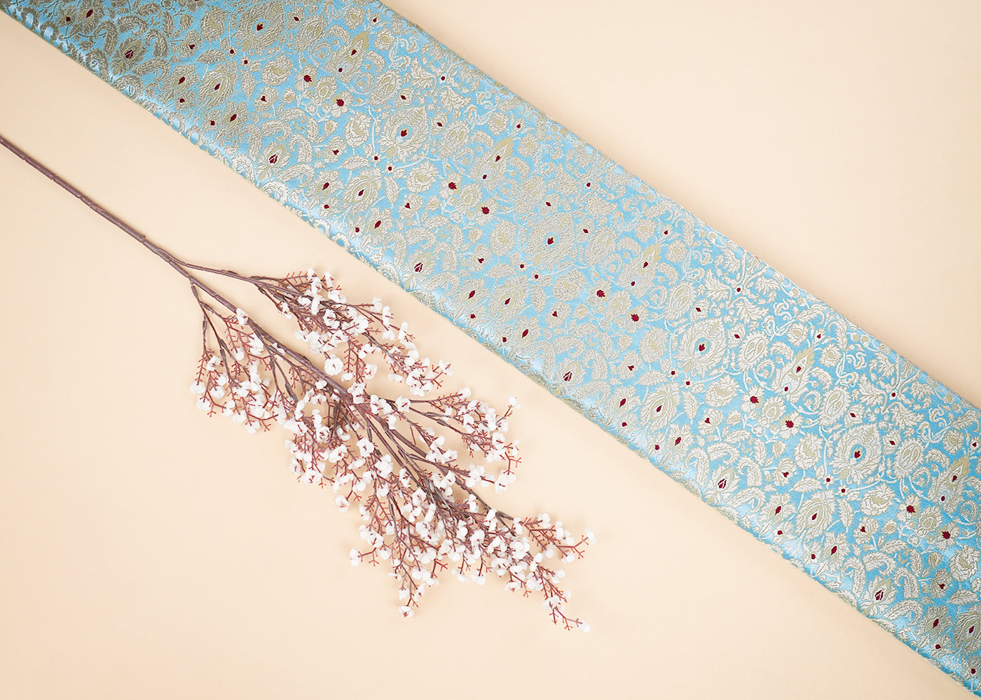 Sky Blue Banarasi Brocade Fabric With All Over Golden Zari Handloom 22802