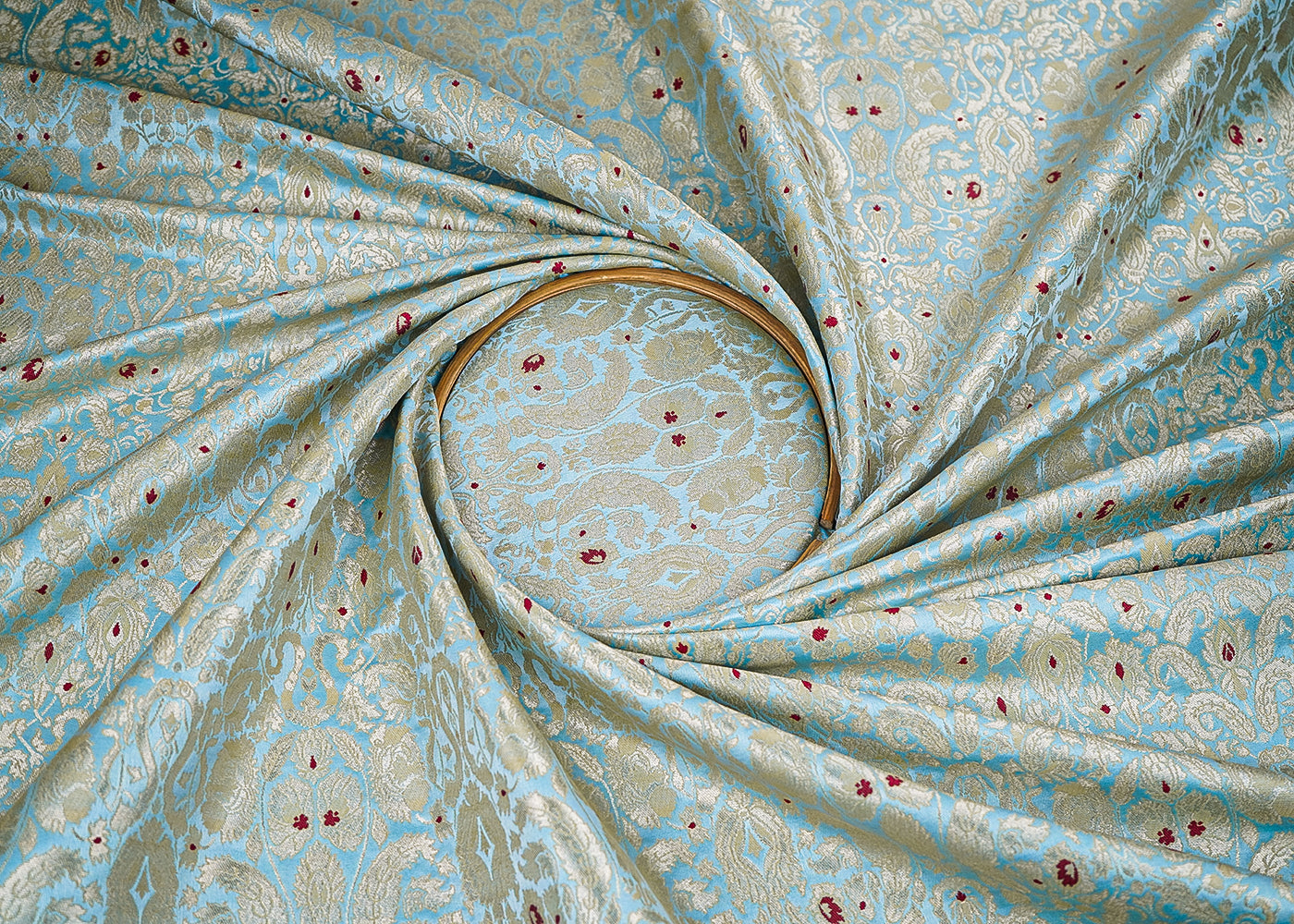 Sky Blue Banarasi Brocade Fabric With All Over Golden Zari Handloom 22802