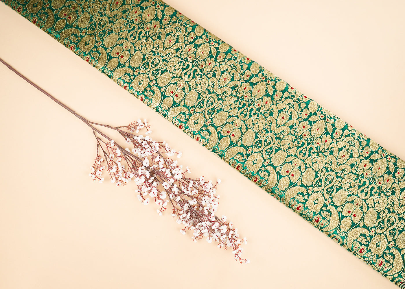 Teal Green Banarasi Brocade Fabric With All Over Golden Zari Handloom 22803