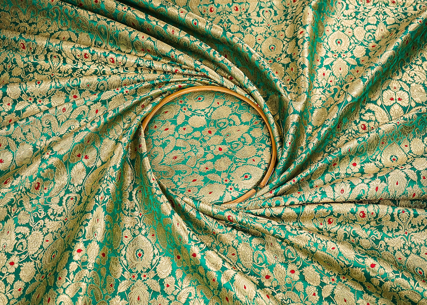 Teal Green Banarasi Brocade Fabric With All Over Golden Zari Handloom 22803