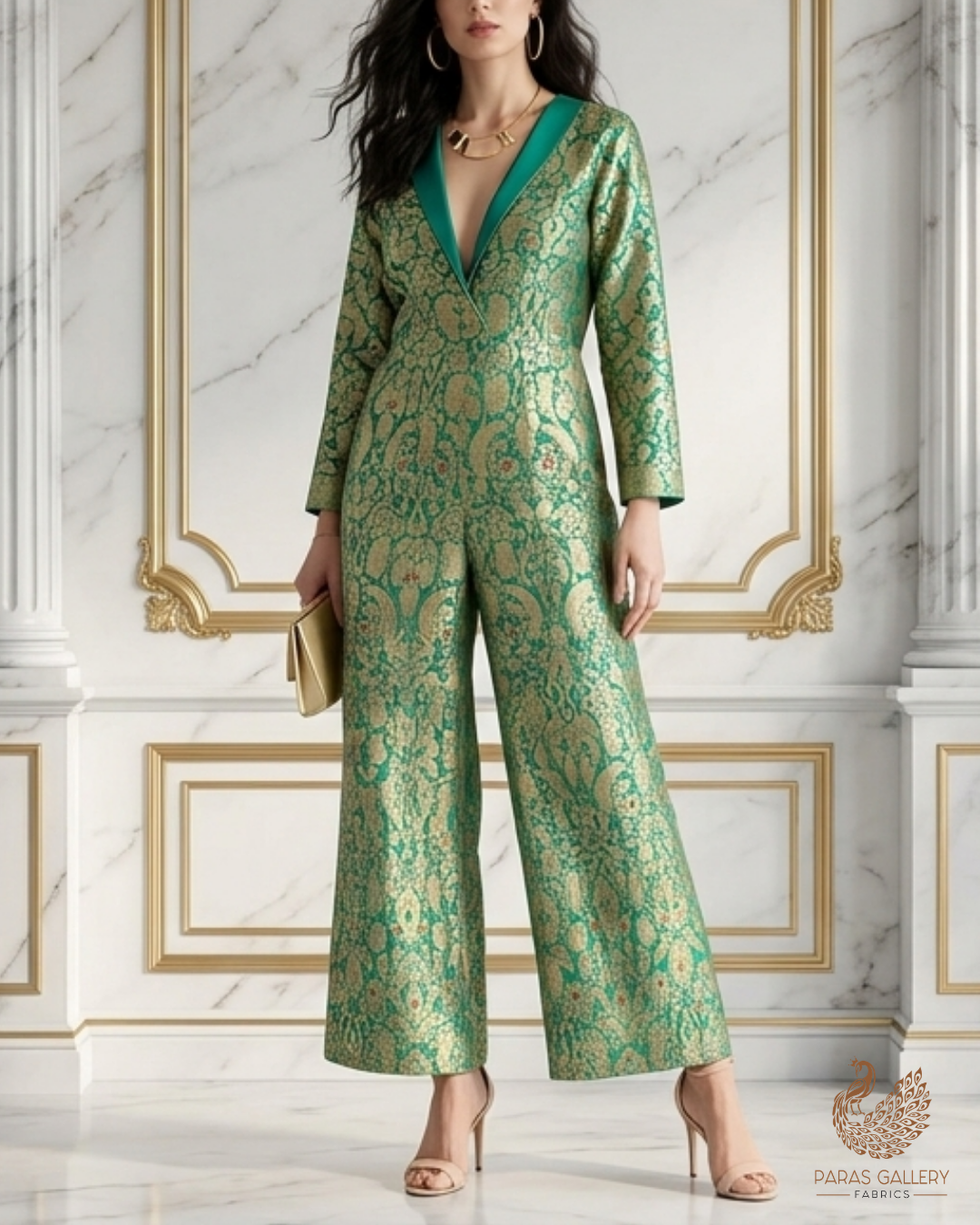 Teal Green Banarasi Brocade Fabric With All Over Golden Zari Handloom 22803