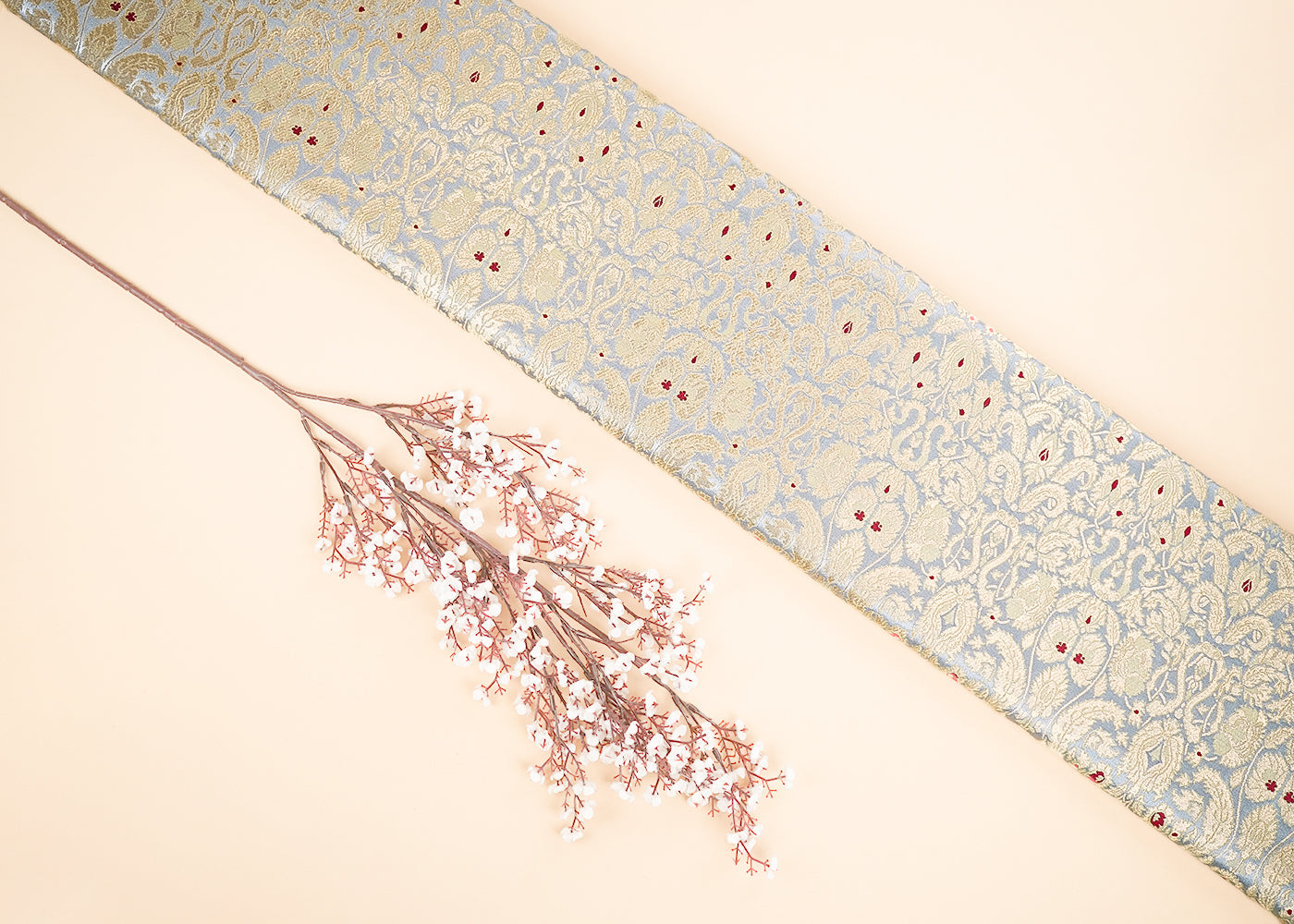 Grey Banarasi Brocade Fabric With All Over Golden Zari Handloom 22804