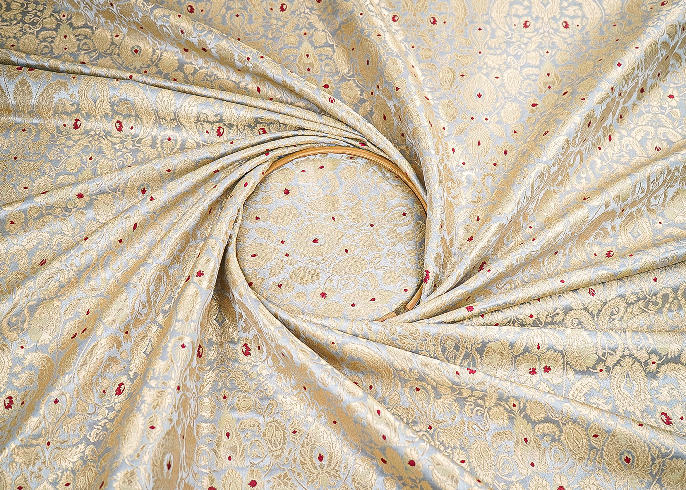 Grey Banarasi Brocade Fabric With All Over Golden Zari Handloom 22804