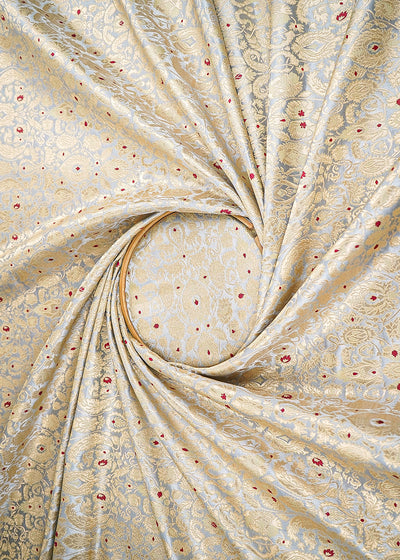 Light Grey Banarasi Brocade Fabric With All Over Golden Zari Handloom 22804