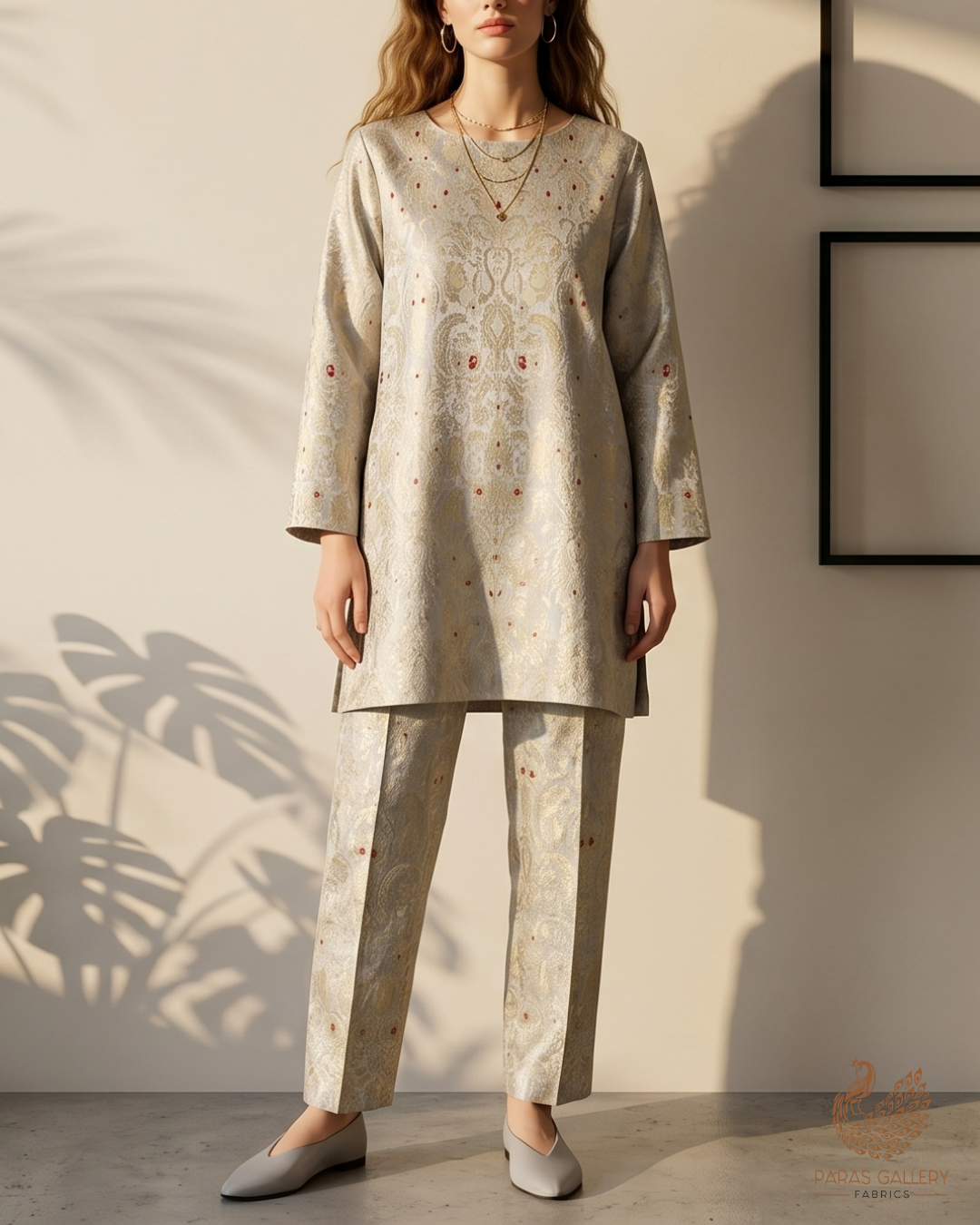 Light Grey Banarasi Brocade Fabric With All Over Golden Zari Handloom 22804
