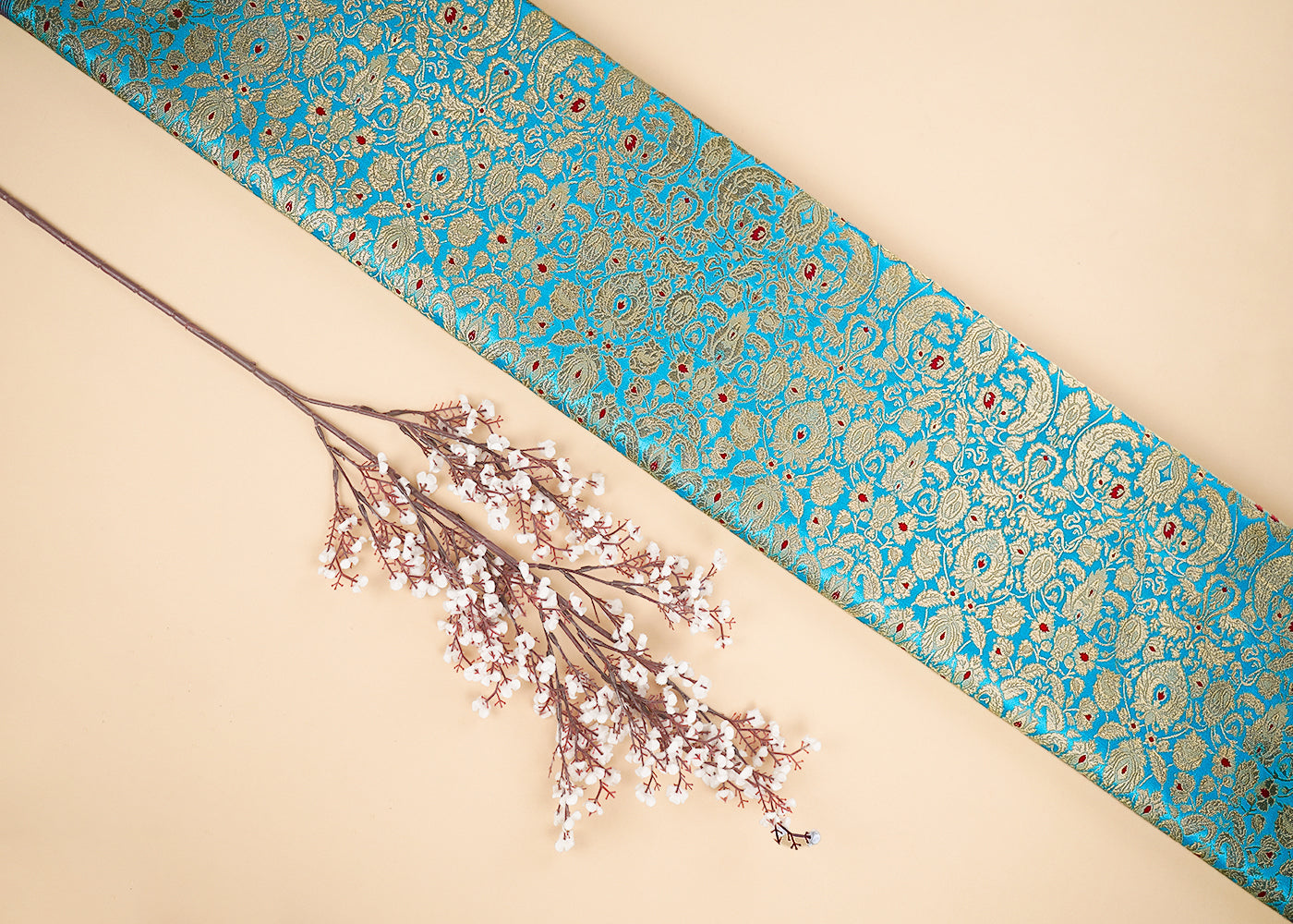 Light Blue Banarasi Brocade Fabric With All Over Golden Zari Handloom 22805