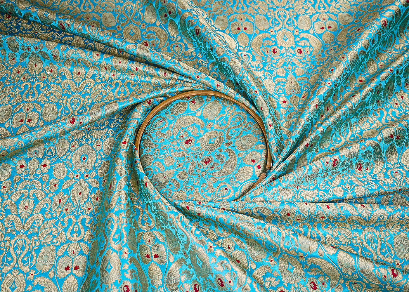 Light Blue Banarasi Brocade Fabric With All Over Golden Zari Handloom 22805