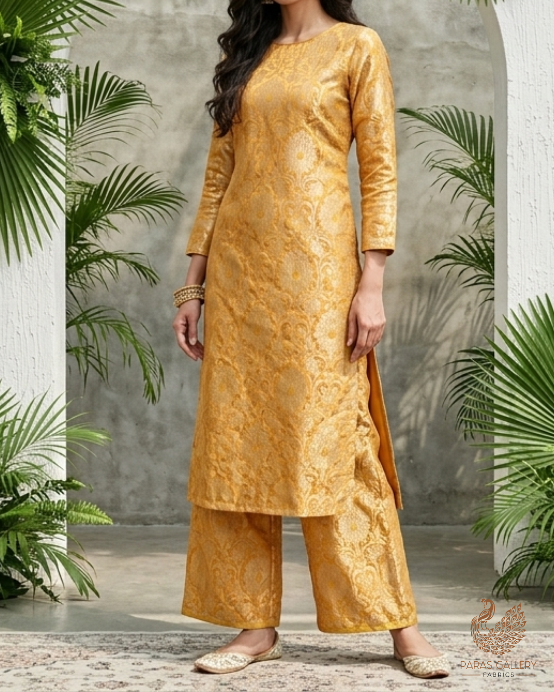 Mustard Banarasi Brocade Fabric With All Over Golden Zari Handloom 22817