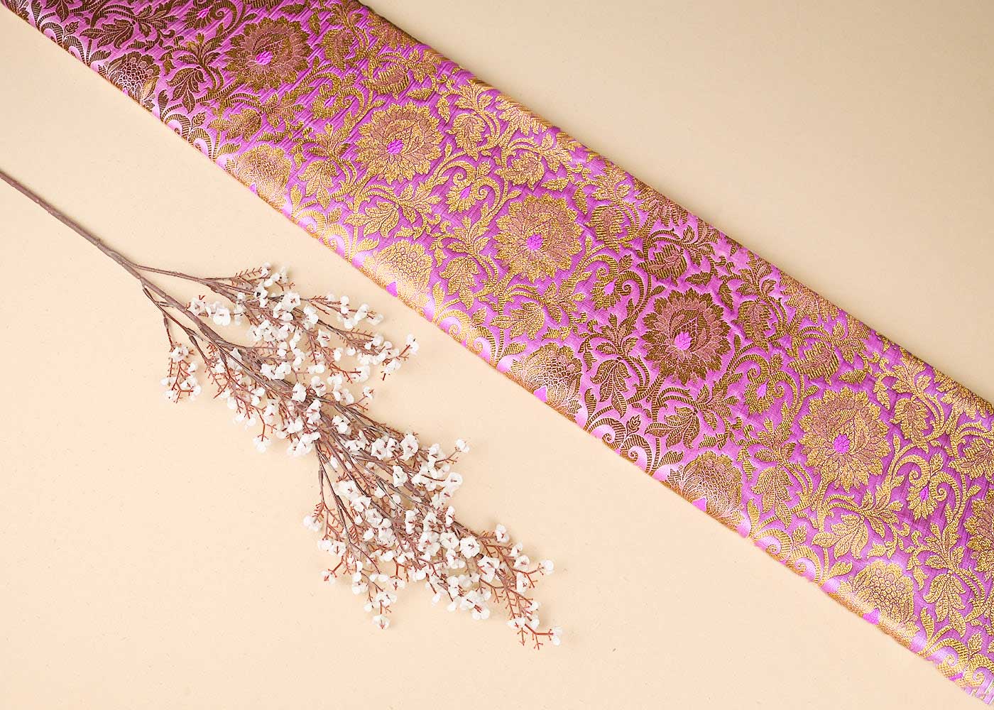 Baby Pink Banarasi Brocade Fabric With All Over Golden Zari Handloom 22819