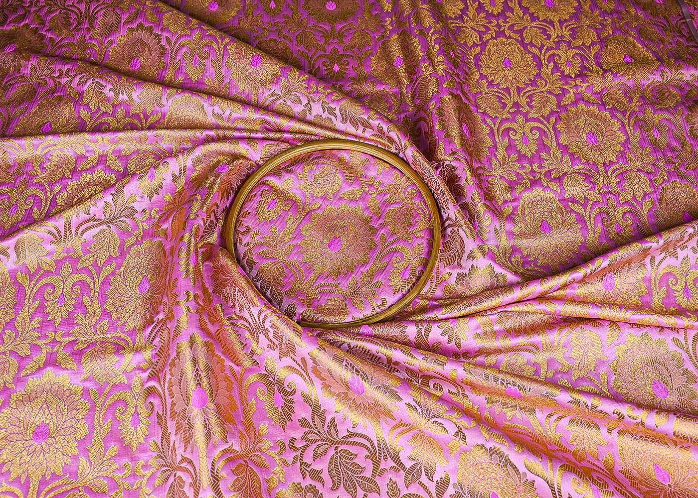 Baby Pink Banarasi Brocade Fabric With All Over Golden Zari Handloom 22819
