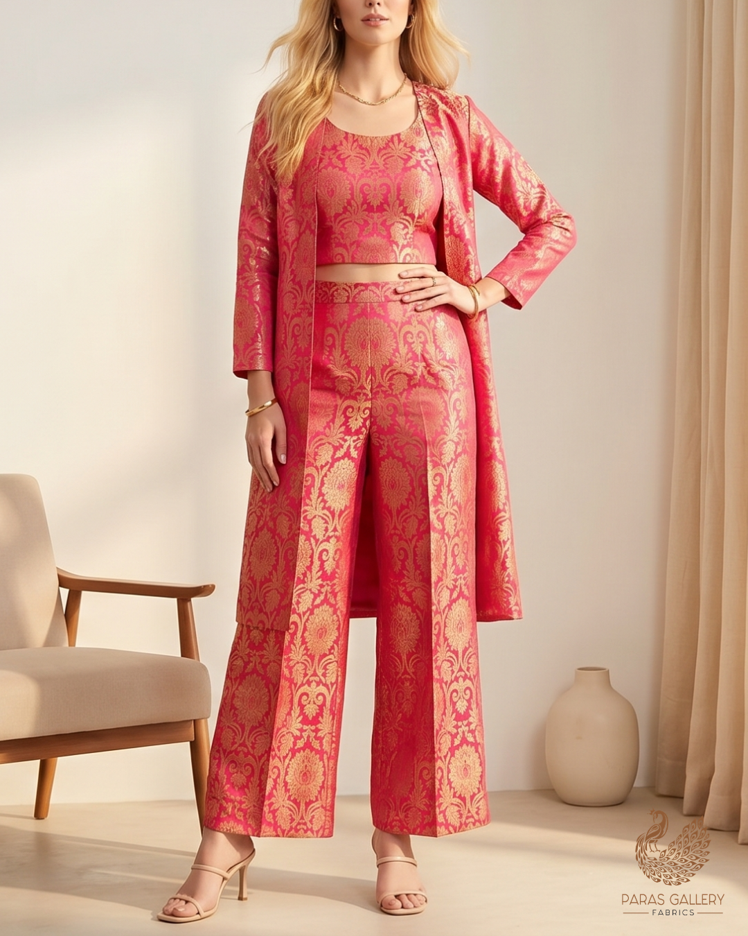 Pink Banarasi Brocade Fabric With All Over Golden Zari Handloom 22820