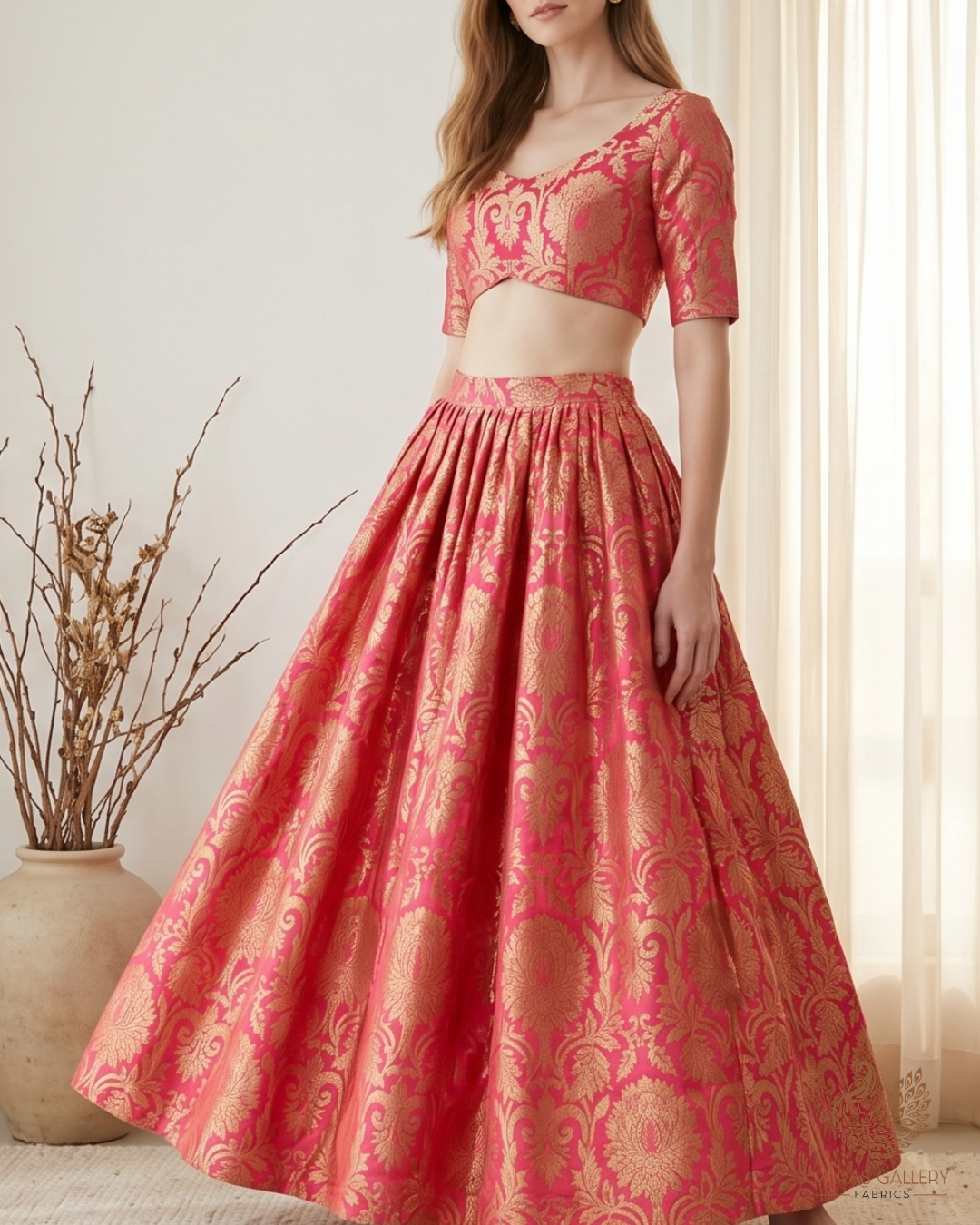 Pink Banarasi Brocade Fabric With All Over Golden Zari Handloom 22820