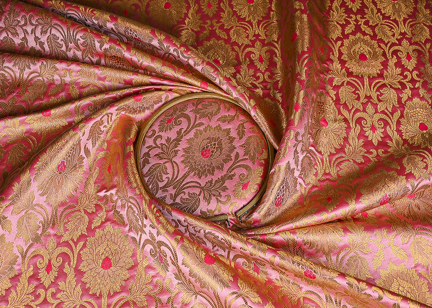 Light Pink Banarasi Brocade Fabric With All Over Golden Zari Handloom 22825