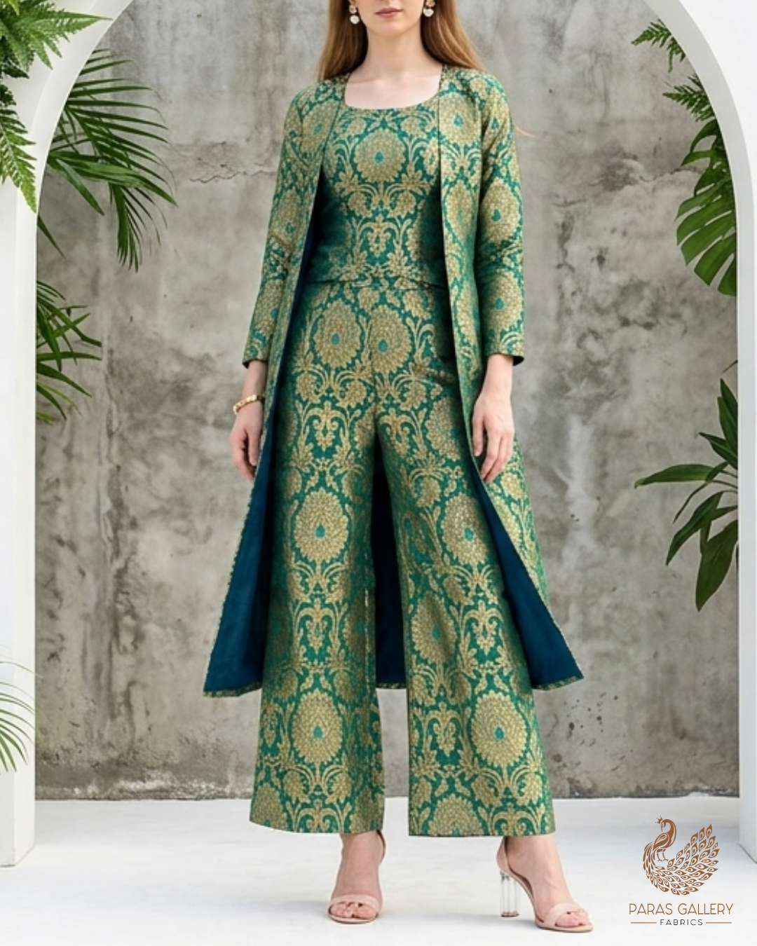 Rama Green Banarasi Brocade Fabric With All Over Golden Zari Handloom 22830