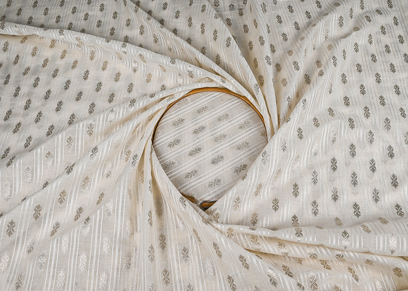 White Dyeable Chanderi Fabric With All Over Dull Gold Zari Handloom 22849