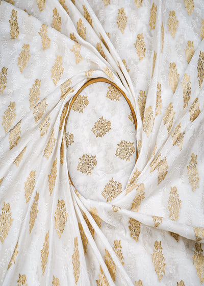 White Dyeable Silk Fabric With All Over Thread And Zari Handloom 22860