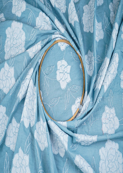 Blue Cotton Fabric With All Over Thread And Patch Work 22862