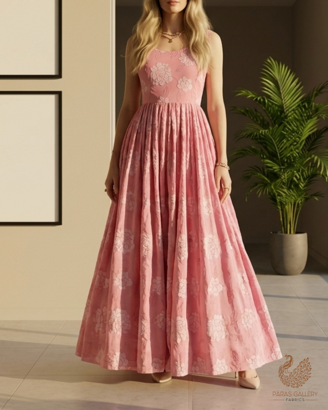 Pink Cotton Fabric With All Over Thread And Patch Work 22863