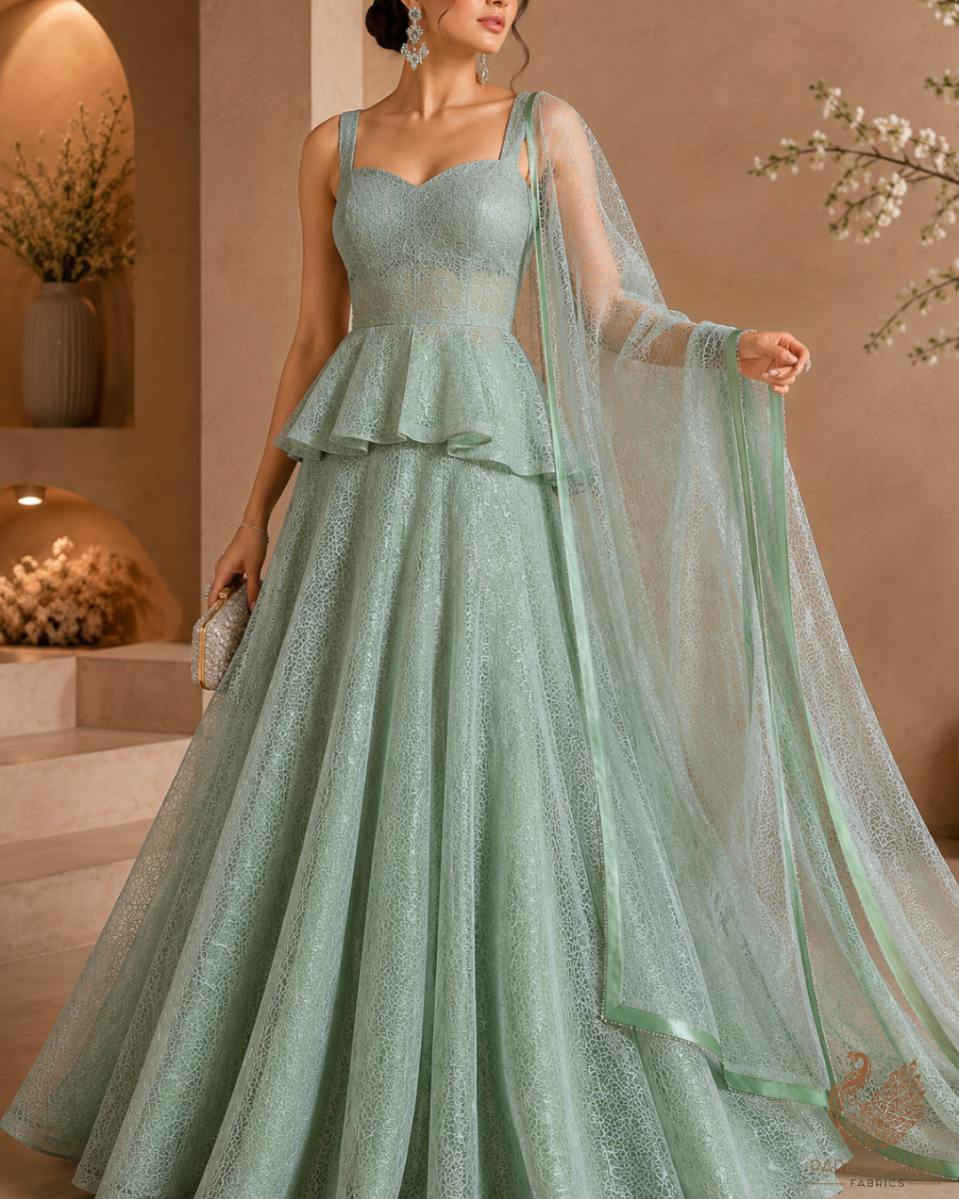 Mint Green Organza Fabric With All Over Self Work 22884
