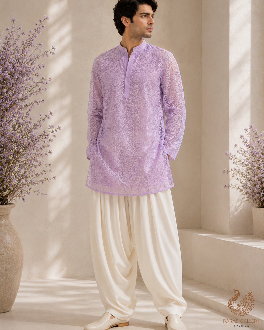 Lavender Organza Fabric With All Over Self Work 22886