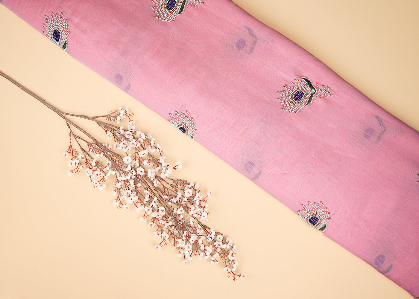 Pink Chanderi Fabric With All Over Thread And Bead Work 22887