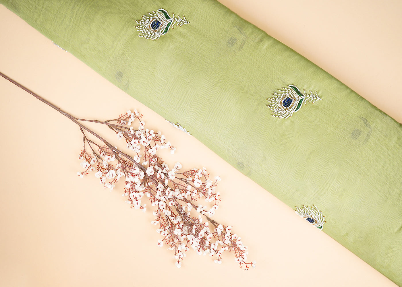 Light Green Chanderi Fabric With All Over Thread And Bead Work 22888