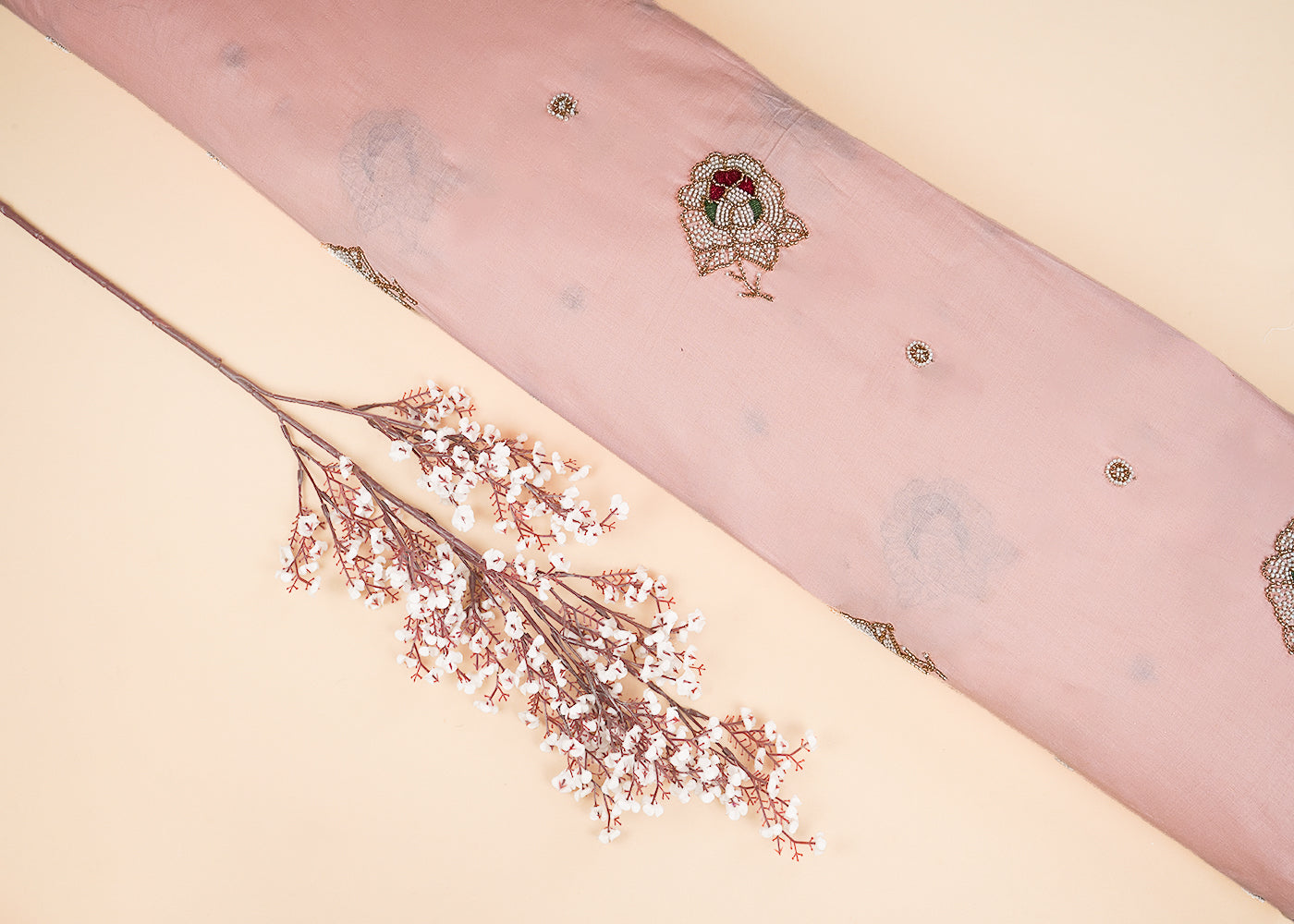 Peach Cotton Fabric With All Over Floral Buti Of Katdana Work 22890