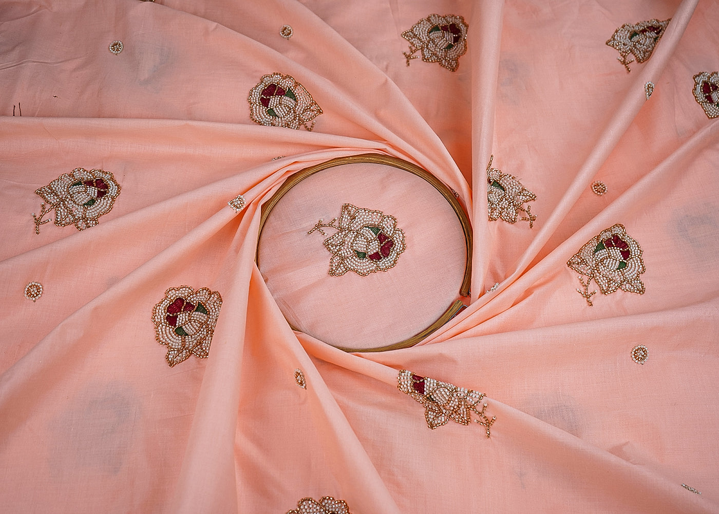 Peach Cotton Fabric With All Over Floral Buti Of Katdana Work 22890