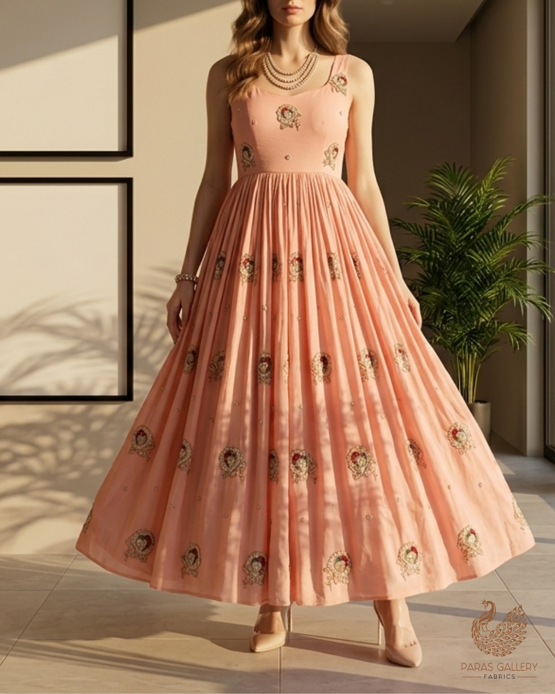 Peach Cotton Fabric With All Over Floral Buti Of Katdana Work 22890